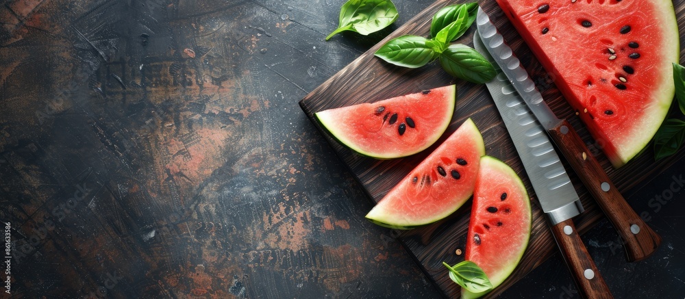 Leinwandbilder watermelon slices on a cutting board with a knife, showing a copy space image on the table.