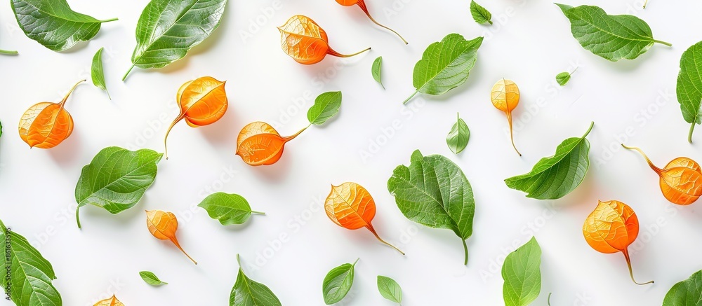 Aufkleber physalis with leaves on white background, offering copy space image. view from above in a flat lay p