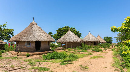 Traditional african houses (huts) in a village, dry weather, community mud architecture buildings