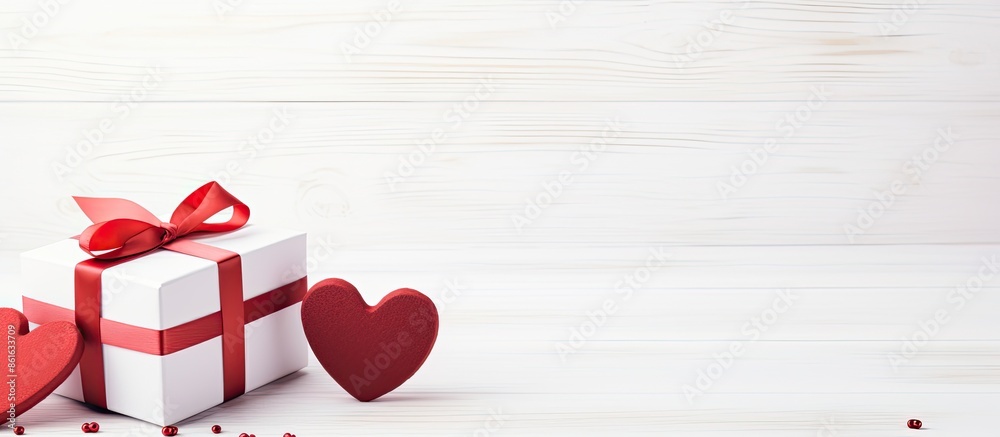 Aufkleber Two romantic Valentine's Day gift boxes, one red and one white, arranged on a white wooden table background with empty space for text or a logo. with copy space image. Place for adding text or design
