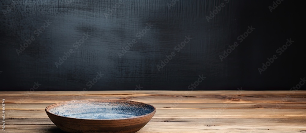 Poster rustic wooden surface showcasing a japanese handmade ceramic bowl with unique ceramic texture and co