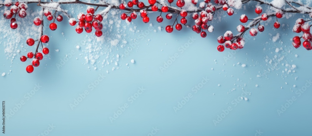 Poster winter-themed composition featuring a frame created with snowflakes and red berries on a soft blue b