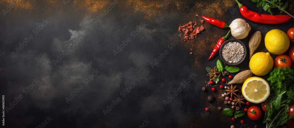 Aufkleber top view of a dark stone cooking backdrop with spices, vegetables, and ample copy space image for te