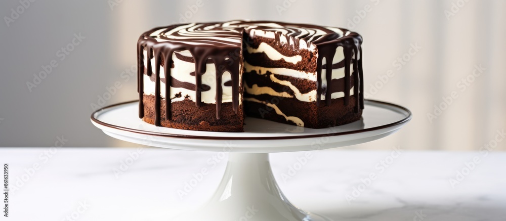 Poster Zebra Pie or Marble cake displayed on a white cake stand with a striking contrast of chocolate and vanilla layers. Ideal for showcasing with ample copy space image.