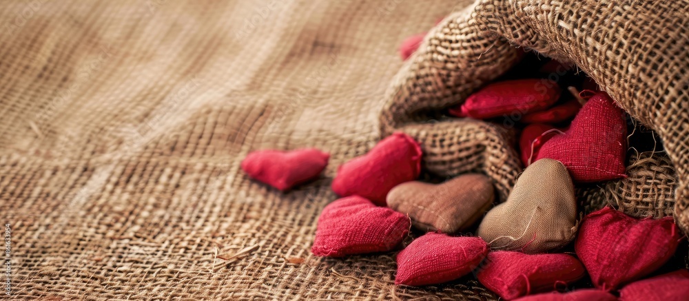 Poster Sacks laid on a heart-patterned background with copy space image.