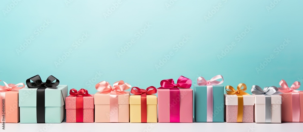 Poster colorful christmas gift boxes arranged on a pastel background with ample copy space image.