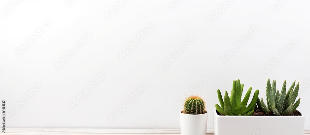 Poster Cactus in a pot as a frame decoration on white backdrop with copy space image available.
