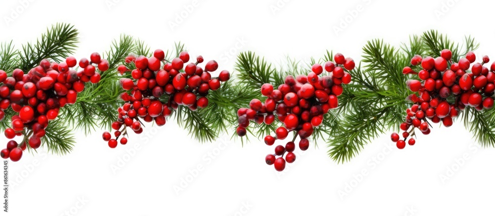 Poster christmas themed decorative fir twigs with red berries surrounding a central copy space image. perfe