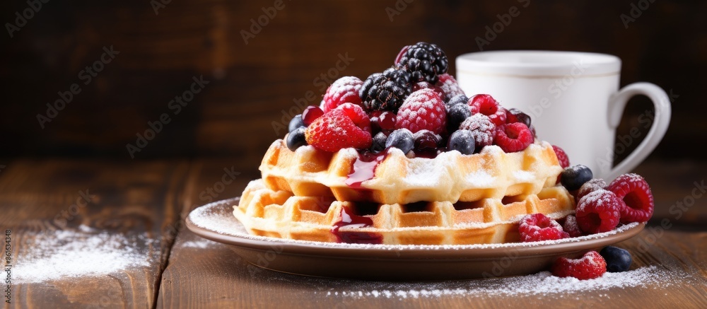 Poster waffles topped with berries, powdered sugar, and jam served with tea on a wooden table with copy spa