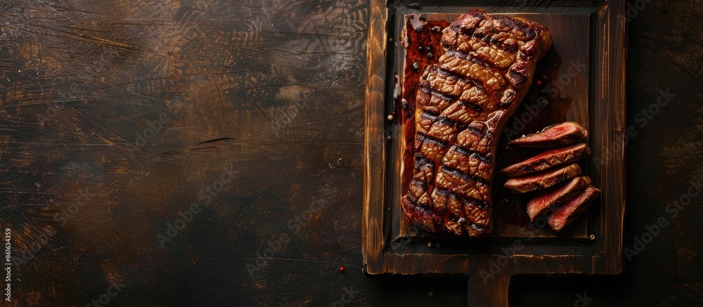 Leinwandbilder grilled steak displayed on a cutting board, seen from above with a blank background for text or othe