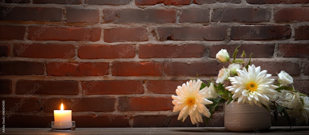 Poster Flowers and a candle displayed on a table with a brick wall in the background, creating a picturesque scene with copy space image.