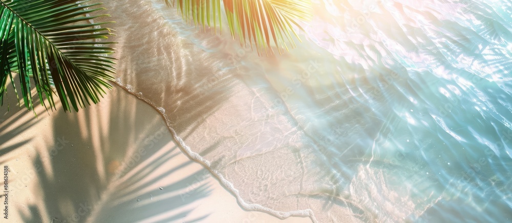 Poster abstract beach background with sunlight on water and shadow from palm leaves, ideal as a banner for 