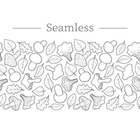 Seamless autumn border with mushrooms and leaves, outline.