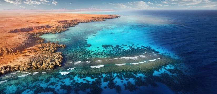 An aerial perspective showcasing the vibrant red sea desert coast, a colorful coral reef, and the stunning blue and turquoise waters, ideal for exotic travel, with space for additional images.