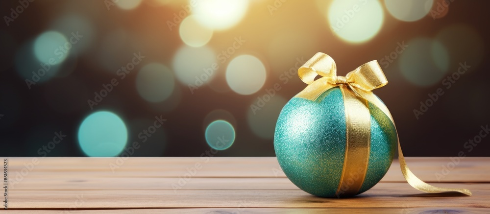 Sticker A Golden gift box and a green Christmas ball are placed on a wooden table with a blurred blue background for copy space image.