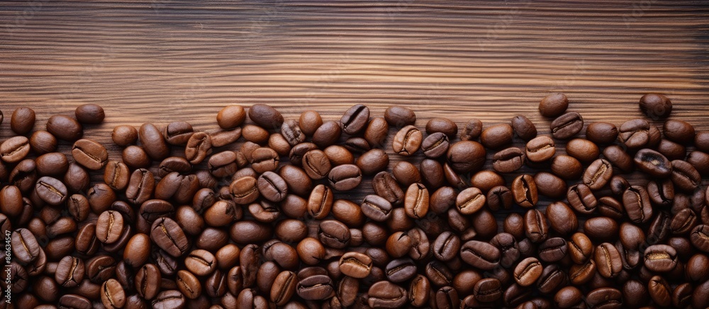 Fototapete top-down view of coffee beans on a wood surface with space for text. with copy space image. place fo