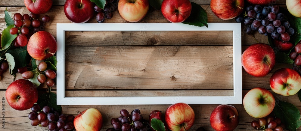 Fototapete Top view of apples and grape leaves on a wooden background with a white frame, offering copy space image.