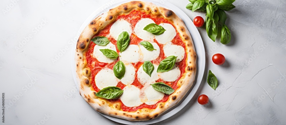 Aufkleber pizza margherita displayed on a white stone background with copy space image.