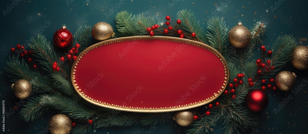 Aufkleber Merry Christmas and Happy New Year background featuring an oval frame with space for text. Top view for a flat lay image. with copy space image. Place for adding text or design