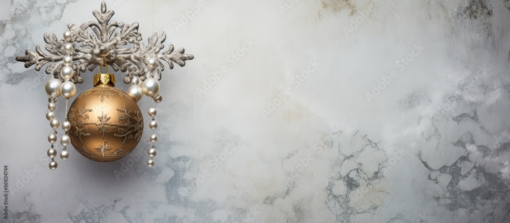Poster vintage christmas tree ornament displayed on a marble backdrop with copy space image.