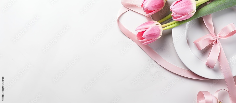 Poster an elegant table setting for a romantic easter dinner featuring pink ribbon, tulip, and a white back