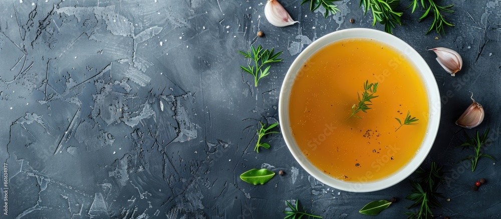 Poster Top view of a healthy bowl of broth against a gray background with ample copy space image for a panorama banner.