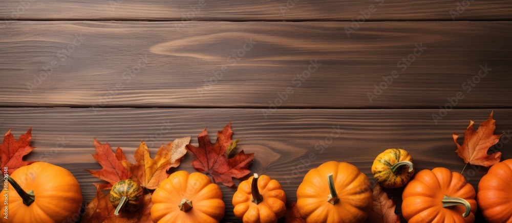 Poster autumn-themed thanksgiving composition featuring orange pumpkins, dried leaves, arranged flatly with