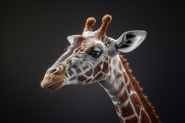 Obraz premium Close-up view of a giraffe's head and neck, featuring distinctive markings and long eyelashes