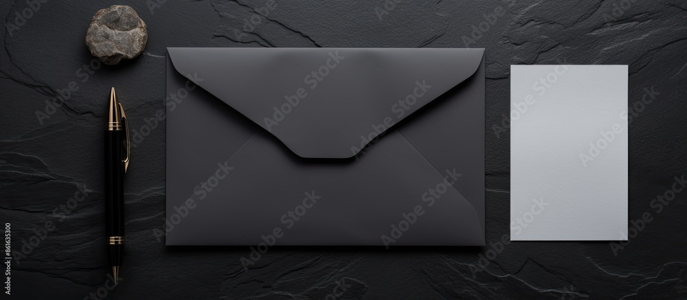 Poster blank paper envelope, pen, and clip on a black stone background, creating a blank stationery templat
