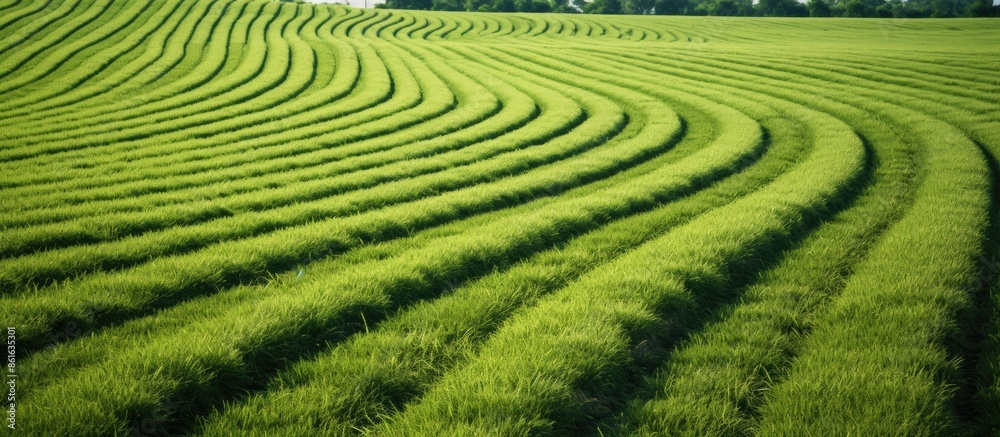 Fototapete tractor tracks creating a pattern on a lush green field, providing ample copy space image.