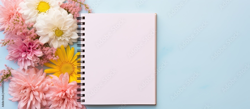 Poster Colorful background with a blank notebook, pen, and flowers, perfect for adding text or graphics in the copy space image.