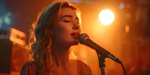 Passionate Performance Young Blonde Woman Singing into Microphone in Dim Lighting. Concept Live Music Performance, Blonde Singer, Dramatic Lighting, Vocalist, Musician Portrait