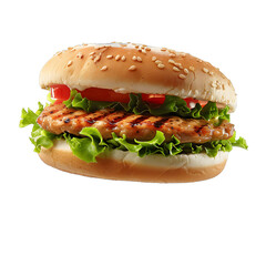 [Transparent Background PNG]A delicious grilled chicken burger with lettuce, tomato, and mayonnaise on a sesame seed bun