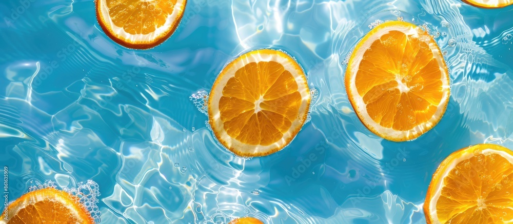 Poster Summer-themed background featuring orange fruit slices floating in a pool, perfect as a wallpaper with space for text or images. with copy space image. Place for adding text or design