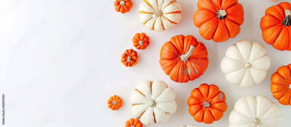 Poster a halloween-themed image featuring white and orange pumpkins from a top view on a white background w