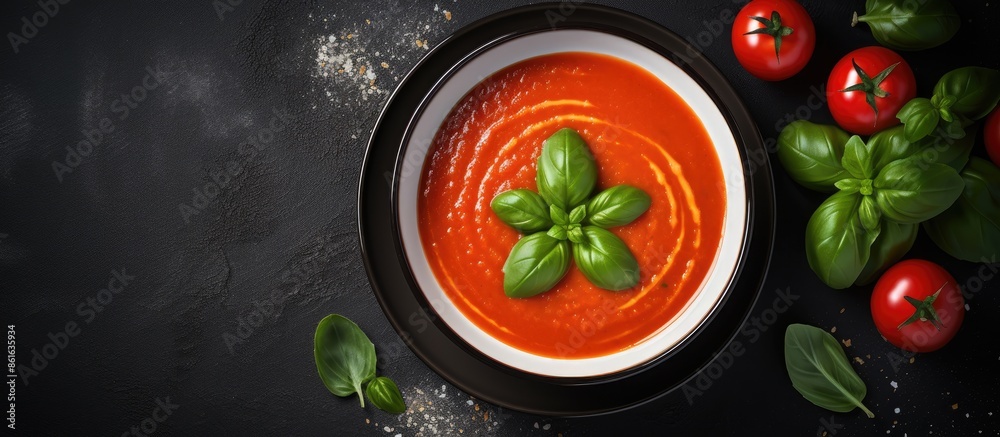 Poster top view of a bowl of tomato soup with basil against a dark background, providing ample copy space i