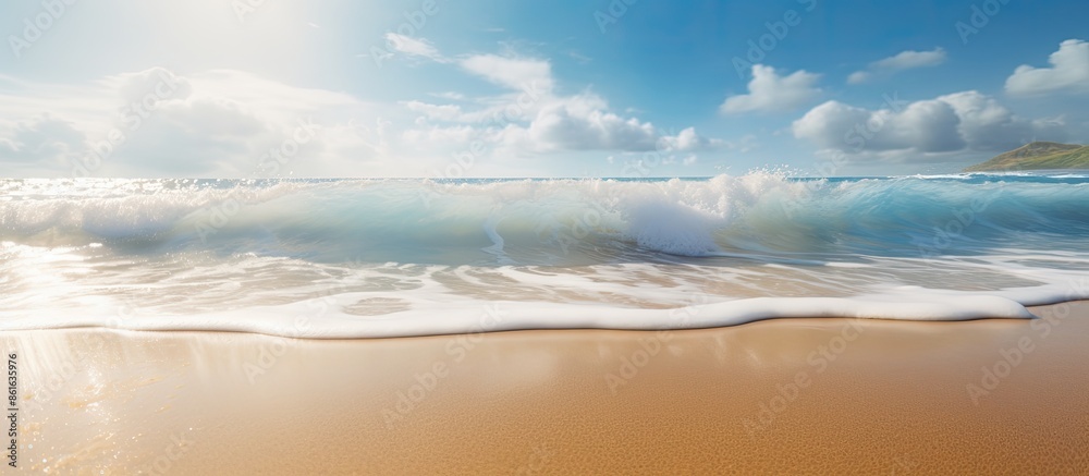 Poster A Spring Break message is handwritten on smooth sandy beach with an oncoming wave, creating a lens flare with a copy space image.