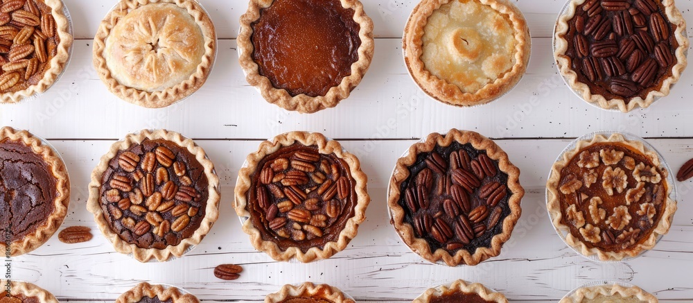 Poster various homemade autumn pies like pumpkin, apple, and pecan displayed from an above view on a white 