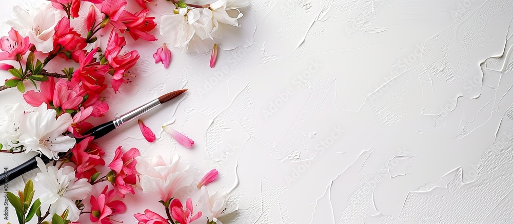 Poster a creative arrangement of pink and white flowers with a paintbrush on a white background, viewed fro