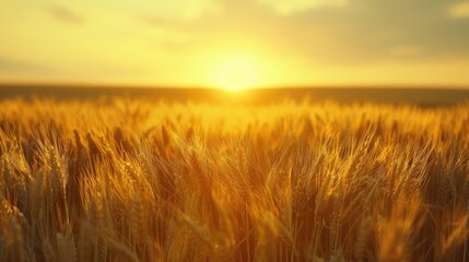 Obraz premium Golden wheat field illuminated by a beautiful sunset, symbolizing growth, abundance, and the peacefulness of rural landscapes.