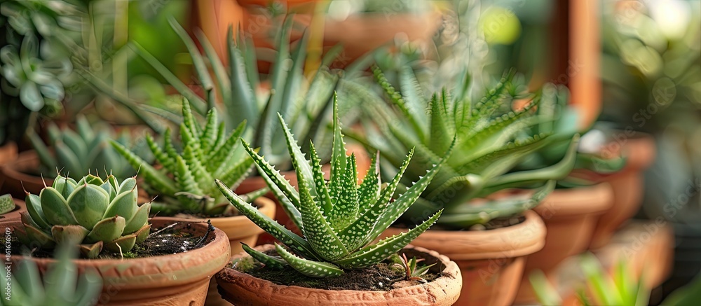 Aufkleber Collection of aloe vera potted plants in a cafe with natural background. . with copy space image. Place for adding text or design