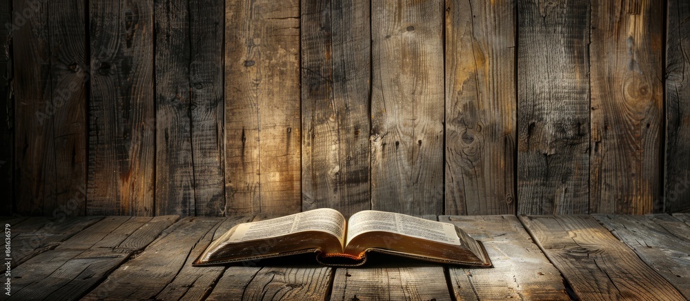 Poster An open book displayed on wooden planks against a unique light backdrop, providing room for text with a copy space image.