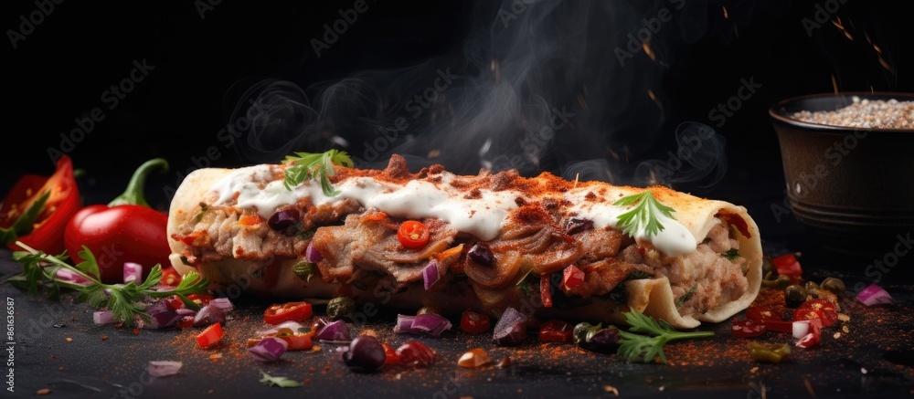 Poster Image of Lyulya Kebab against a dark backdrop with space for text or graphic elements. with copy space image. Place for adding text or design