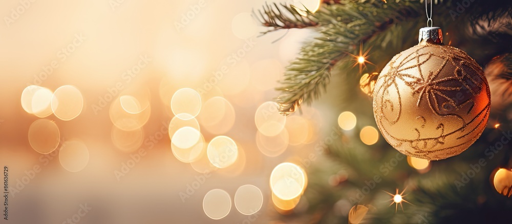 Aufkleber Closeup view of a Christmas ball hanging on an indoor fir tree branch with space for text in the image. with copy space image. Place for adding text or design