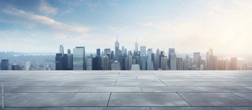 Aufkleber Empty concrete square floor in front of a panoramic skyline and buildings with copy space image.