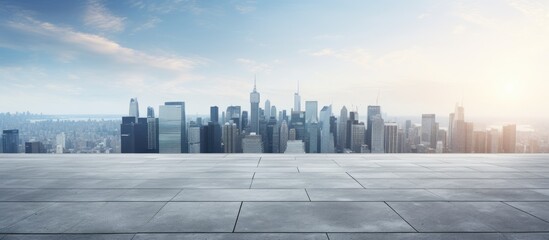 Fototapeta premium Empty concrete square floor in front of a panoramic skyline and buildings with copy space image.
