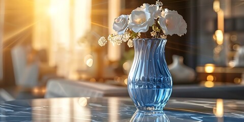 Elegant Interior Decor with a 3D Blue Glass Vase and White Roses. Concept Interior Decor, 3D Glass Vase, White Roses, Elegant Design, Blue Accents