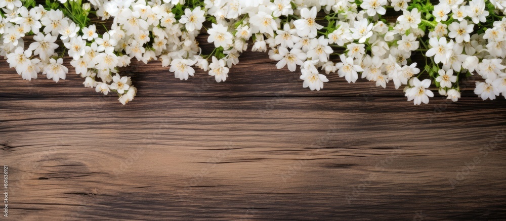 Poster wooden surface with white flowers arranged for use as a background in a copy space image.