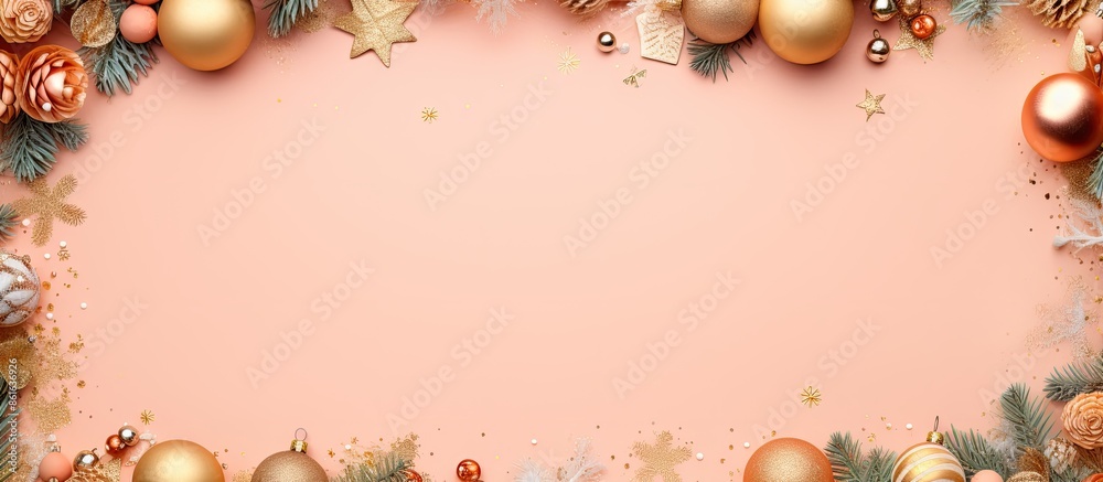 Leinwandbilder Top-down view of a Christmas-themed border with golden ornaments on a Peach Fuzz background, designed with space for inserting an image. with copy space image. Place for adding text or design