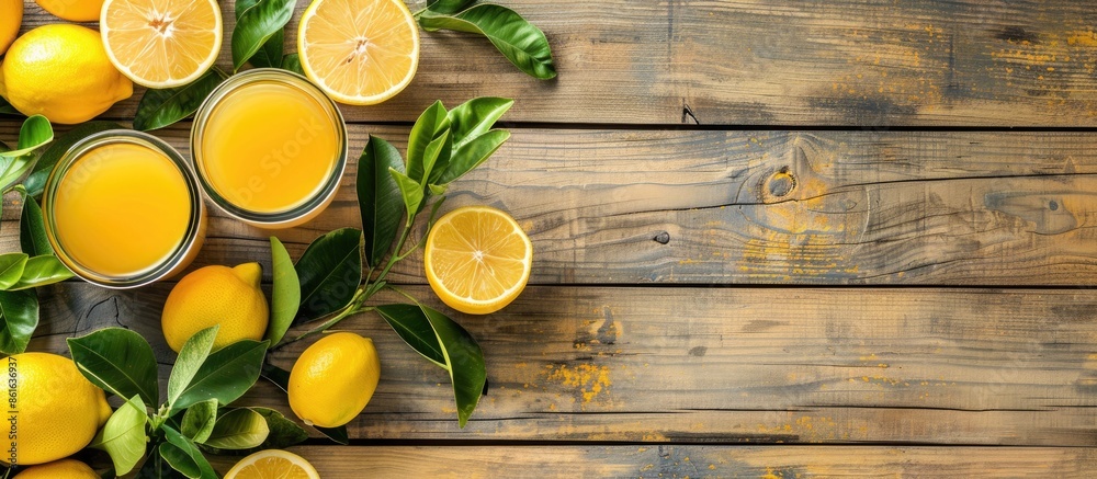 Poster top view of fresh lemons and lemon juice on a wooden background, with copy space image available for
